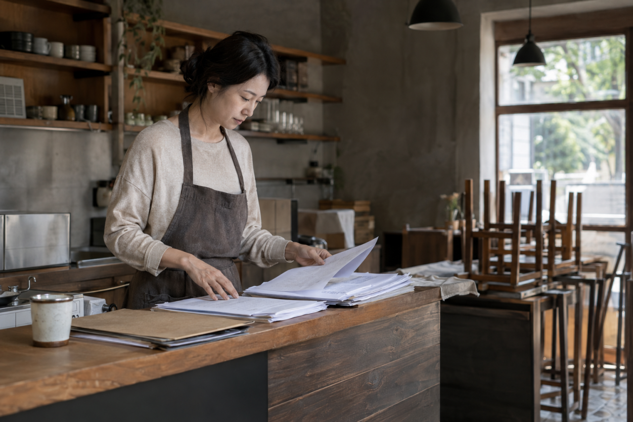korean small business owner reviewing documents at counter of closed shop