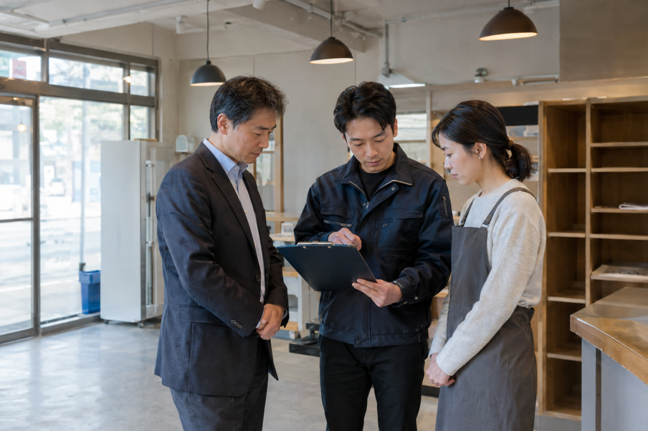 상가 내부에서 임대인, 임차인, 현장담당자가 체크리스트를 보며 원상복구 작업범위를 함께 확인하는 모습